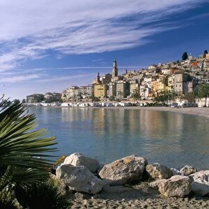 View across bay to the old town, Menton, Alpes-Maritimes, Cote d Azur