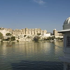 View of the City Palace and hotels from Lake Pichola