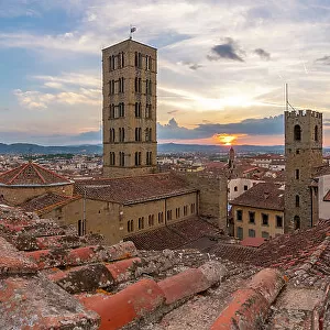 View of city skyline and rooftops from Palazzo della Fraternita dei Laici at sunset, Arezzo, Province of Arezzo, Tuscany, Italy, Europe
