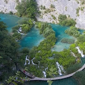 View over a footbridge in the lower Plitvice Lakes National Park, UNESCO World Heritage Site
