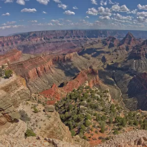 View of Grand Canyon from the south cliffs of Cape Final on the North Rim with Unkar Creek below and right of centre the pointed peak of Freya's Castle, Grand Canyon National Park, UNESCO World Heritage Site, Arizona, United States of America