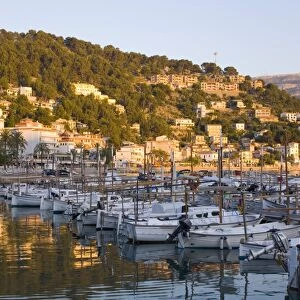 View across the harbour at sunset, Port de Soller, Mallorca, Balearic Islands