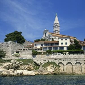 Waterfront and church of St. Euphemia from the west, at Rovinj, Croatia, Europe
