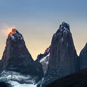 Americas, South America, Chile, Patagonia, the Torres del Paine mountains at sunset in