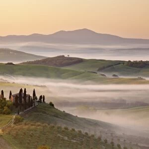 Belvedere farm at sunsise, Orcia valley, Tuscany, Italy