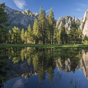 Cathedral Rocks reflected in a snow melt pool in a Yosemite meadow, California, USA