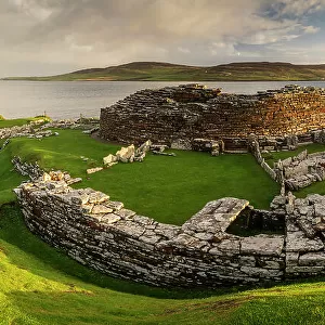 Early morning sunshine at the Iron Age Broch of Gurness on Mainland Orkney, Scotland. Autumn (October) 2022