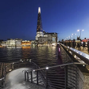 England, London, Night View of London Bridge Steps and The Shard