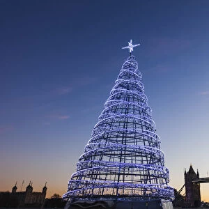 England, London, Southwark, More London Riverside, Christmas Tree and Tower Bridge