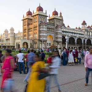 India, Karnataka, Mysore, City Palace, people walking outside the Maharajas Palace