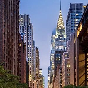 Night view of East 42nd street with Chrysler Building, Manhattan, New York, USA