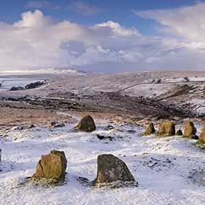 Snow covered Nine Maidens cairn circle on Belstone Common, Dartmoor, Devon, England