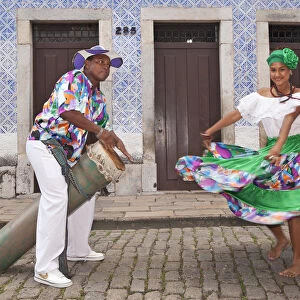 South America, Brazil, a tambor drummer and dancer from the Tambor de Crioula group