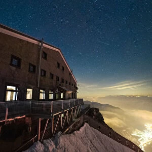 Torino refuge by night Punta Helbronner (3462m), Mont Blanc, Courmayeur, Aosta
