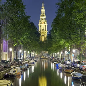 Tower of Zuiderkerk church from Groenburgwal at night, Amsterdam, North Holland