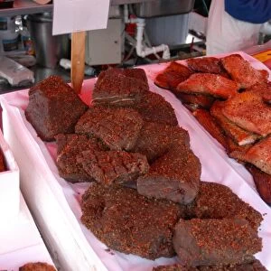 Smoked whale meat on sale in fish market, Bergen, Norway (RR)