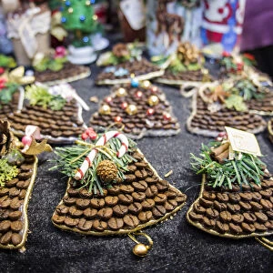 New Year and Christmas decorations made of coffee beans are seen at the Christmas
