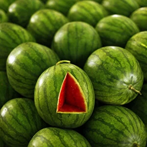 A watermelon is seen at the Kramat Jati central market in Jakarta