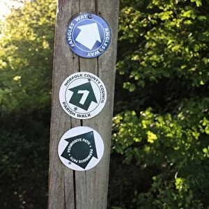 Angles Way, Parish Walk and Permissive Path signs on post, at edge of valley fen reserve, Roydon Fen, Roydon