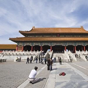 Chinese tourists visiting imperial palace, Hall of Supreme Harmony, Forbidden City, Beijing, China, september