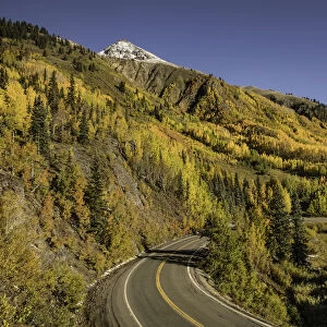 Autumn aspen trees and Million Dollar Highway near Crystal Lake, Ouray, Colorado