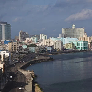 Cuba, Havana, Vedado, elevated view of buildings along the Malecon