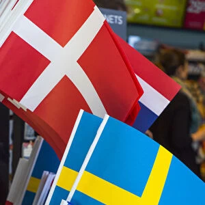 Denmark, Zealand, Copenhagen, souvenir Scandinavian flags, Denmark, Sweden and Norway