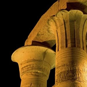Egypt, Kom Ombo. Illuminated pillars of Kom Ombo Temple dedicated to two Egyptian gods: Sobek