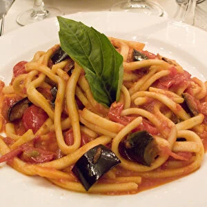 Europe, Italy, Positano. Plate of pasta and eggplant