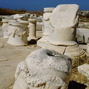 Greece, Aegean Sea, Delos. Greco-Roman ruins of columns along the Sacred Way
