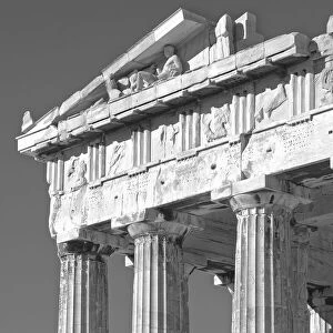 Greece, Athens. Black and white detail on corner of the Parthenon