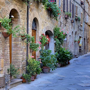 Italy, Tuscany, Pienza. Flower pots and potted plants decorate a narrow street in a Tuscany village
