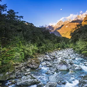 Moonrise over Mount Madeline and the Tutoko River, Fiordland National Park, South Island