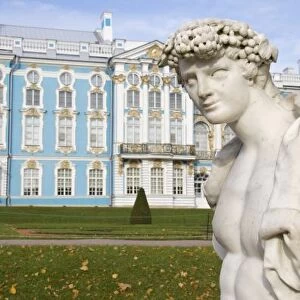 Russia, St. Petersburg, Pushkin, Catherines Palace, statue in garden, South side exterior