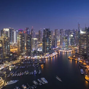 UAE, Dubai, Dubai Marina, elevated view of the marina, dusk