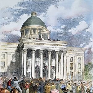 (1808-1889). The inauguration of Davis as President of the Confederate States of America in Montgomery, Alabama, on February 18, 1861: colored engraving, 19th century
