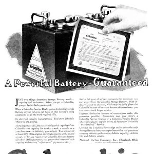 AD: BATTERY, 1918. American advertisement for the Columbia Storage Battery. Illustration