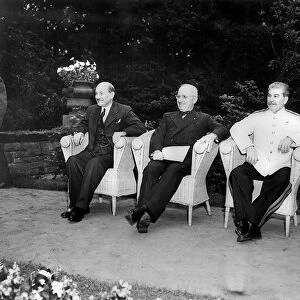 Allied leaders at the Potsdam Conference in Berlin, Germany, July 1945. Left to right: British Prime Minister Clement Attlee, American President Harry Truman, and Soviet Premier Joseph Stalin