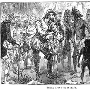 ALONSO de OJEDA (1465?-1515). Spanish explorer. Ojeda with a cacique of natives during one of his many expeditions in the West Indies. Wood engraving, American, 19th century