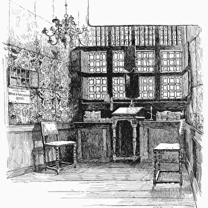 ANTWERP: PRINTERs OFFICE. Office of Christophe Plantin at his printing shop, Antwerp, Belgium, during the 16th century. Line engraving, 1888