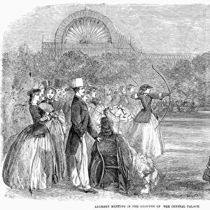 An archery meet at the Crystal Palace, London, England. Line engraving, English, 1859