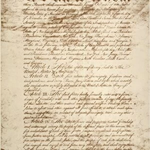ARTICLES OF CONFEDERATION. The first page of the engrossed Articles of Confederation, prepared on 19 July 1778 for the signatures of the delegates to the Continental Congress