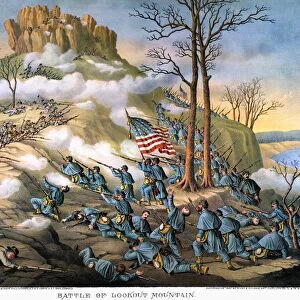 BATTLE OF LOOKOUT MOUNT. The Battle of Lookout Mountain, 24 November 1863. Lithograph, 1889, by Kurz & Allison