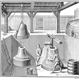 BELL CASTING, 1763. Workmen, casting bells, ready a mold to receive molten copper and tin. Copper engraving from Denis Diderots Encyclopedia, 1763