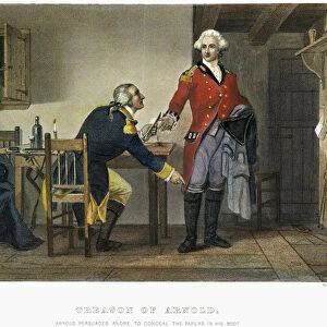 Benedict Arnold persuading Major John Andre to conceal the plans of West Point in his boot at their meeting on 21 September 1780. Steel engraving, American, 19th century