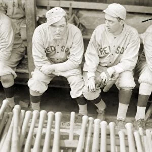 BOSTON RED SOX, 1916. Baseball players for the Boston Red Sox seated on a bench, 1916. Left to right: Babe Ruth, Bill Carrigan, Jack Barry and Vean Gregg