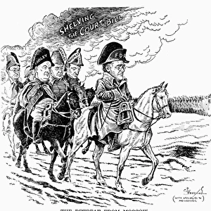 Cartoon depicting President Franklin D. Roosevelts failure to pack the Supreme Court with new justices as Napoleons retreat from Moscow. Drawing, 1937, by James T. Berryman