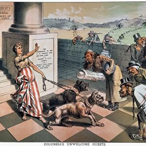CARTOON: IMMIGRATION, 1885. Columbias Unwelcome Guests. American cartoon by Frank Beard, 1885, showing unrestricted U. S. immigration policies encouraging the arrival of anarchists, socialists, and the Mafia from the sewers of Italy, Russia, and Germany