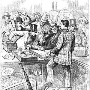 CENTENNIAL FAIR, 1876. Rush hour for rooms at a Philadelphia hotel during the Centennial Exhibition of 1876. Contemporary American wood engraving after a drawing by Charles Stanley Reinhart