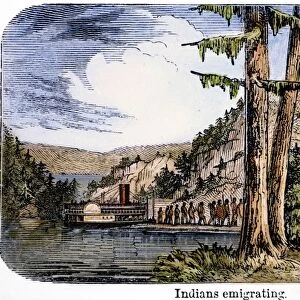 CHEROKEE REMOVAL, 1838. The removal of the Cherokees to the West in 1838. Wood engraving from an American textbook, c1850